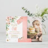 ワイルドワン1歳の誕生日招待状フローラピンク金ゴールド女の子 招待状 (スタンド正面)