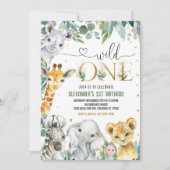 ワイルドワン1金ゴールドジャングルアニマルズ誕生日 招待状 (正面)