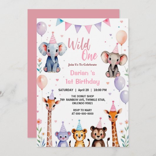 ワイルドワン かわいい動物 風船ガール 1歳の誕生日 サンキューカード (正面/裏面)