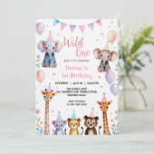 ワイルドワン かわいい動物 風船 ガールズ 1歳の誕生日 招待状 (スタンド正面)