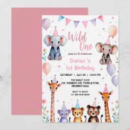 ワイルドワン かわいい動物 風船 女の子 1歳の誕生日 サンキューカード