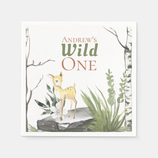 "ワイルドワン"かわいい1歳の誕生日の水カラーベビー鹿 スタンダードカクテルナプキン (正面)