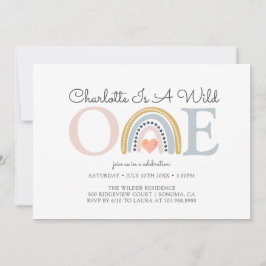 ワイルドワン ウォーターカラーレインボー 女の子の1歳誕生日 招待状