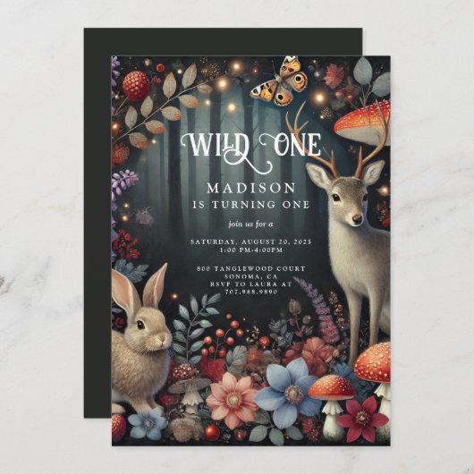 ワイルドワン・ウッドランド・アニマルズ子どもの誕生日 招待状 (正面/裏面)