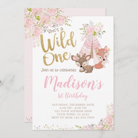 ワイルドワン、ウッドランド、部族 招待状 (正面/裏面)