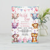 ワイルドワン キュートアニマル 風船ガール 1歳の誕生日 招待状 (スタンド正面)