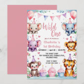 ワイルドワン キュートアニマル 風船ガール 1歳の誕生日 招待状 (正面/裏面)