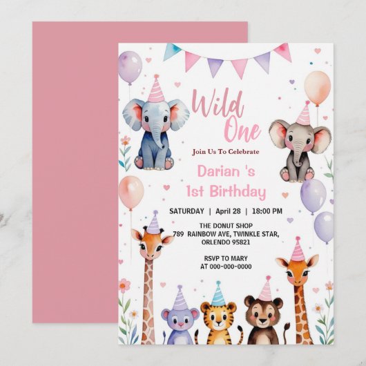 ワイルドワン キュートアニマル 風船 女の子 1歳誕生日 サンキューカード (正面/裏面)