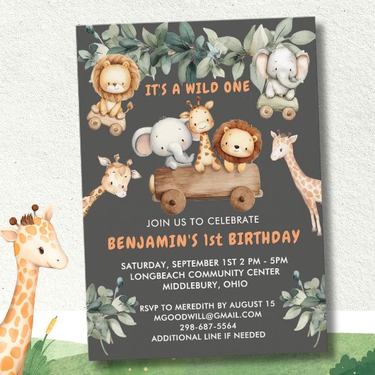 ワイルドワン キュート ジャングル サファリ 1歳 誕生日パーティー 招待状
