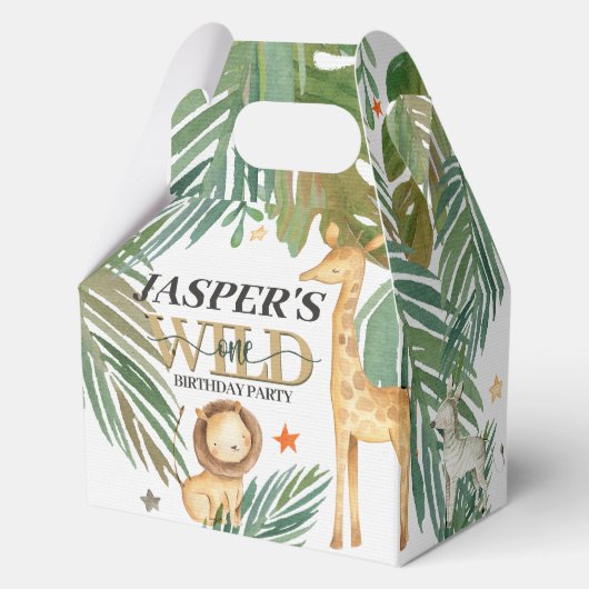 🎉🌿 ワイルドワン ゴールドグリーン バースデー パーティー 記念品ボックス フェイバーボックス (正面)