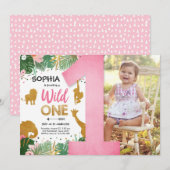 ワイルドワン サファリ ゴールド ガール ピンク 動物 誕生日 招待状 (正面/裏面)