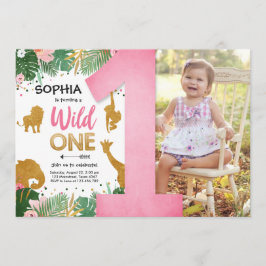 ワイルドワン サファリ ゴールド ガール ピンク 動物 誕生日 招待状