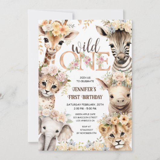 ワイルドワン サファリ ジャングルアニマル ガール 1歳誕生日 招待状 (正面)