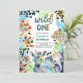 ワイルドワン サファリ ボーイ ブルー レオパード 誕生日パーティー 招待状 (スタンド正面)