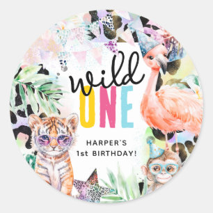 ワイルドワン サファリ 動物たち クールな1歳の誕生日 ラウンドシール