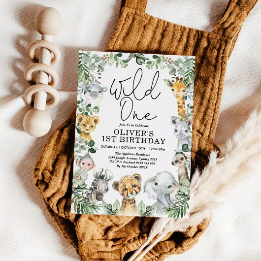 ワイルドワン ジャングルサファリ グリーンナリー 1歳の誕生日 男の子 招待状