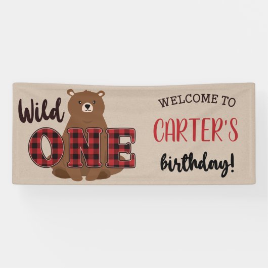 ワイルドワン・チェック柄のクマの誕生日パーティー 横断幕 (横)