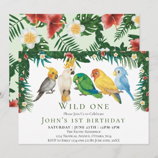 ワイルドワン トロピカル エキゾチック パラッツォ 男子 1歳 誕生日 招待状 (正面/裏面)