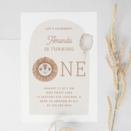 ワイルドワン | ニュートラル ボーホー ライオン ファースト バースデー パーティー 招待状