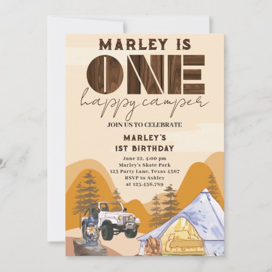 ワイルドワン ハッピーキャンパー ウッドランド 1歳の誕生日 招待状 (正面)