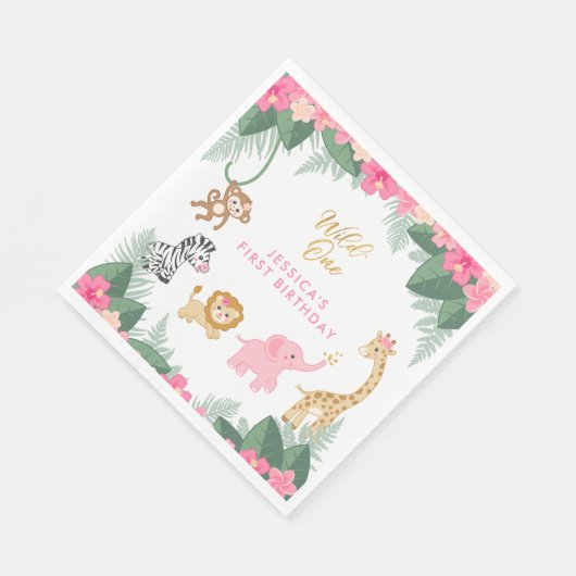 ワイルドワン – ピンクサファリガール初誕生日 スタンダードランチョンナプキン (角)