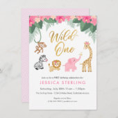 ワイルドワン – ピンクサファリガール初誕生日 招待状 (正面/裏面)