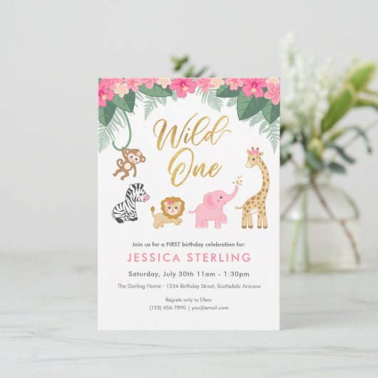 ワイルドワン – ピンクサファリガール初誕生日 招待状 (スタンド正面)