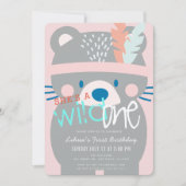 ワイルドワン ベアガール ピンク 1歳の誕生日 招待状 (正面)