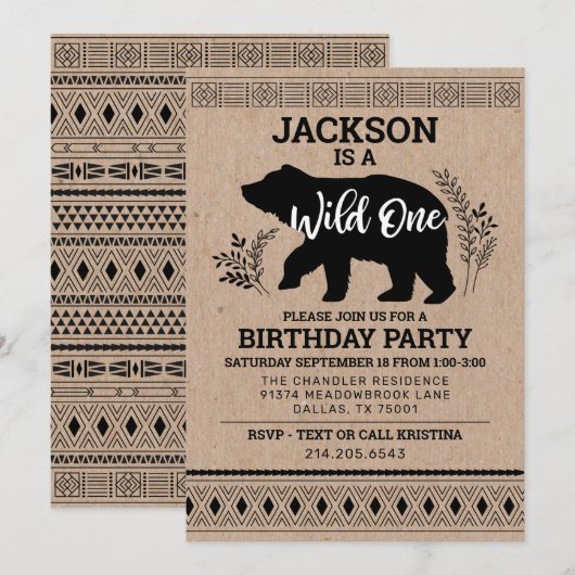 ワイルドワン ベア ファーストバースデー インビテーション (正面/裏面)