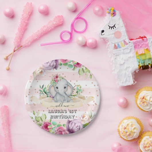 ワイルドワン – ベビーゾウと花の誕生日 ペーパープレート (パーティー)