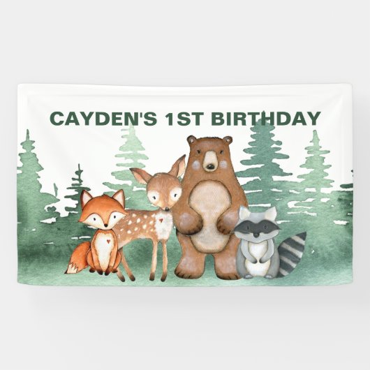 ワイルドワン 森の動物 1歳の誕生日バナー 横断幕 (横)