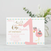 ワイルドワン、矢印、ピンクのフラミンゴ １歳の誕生日 招待状 (スタンド正面)