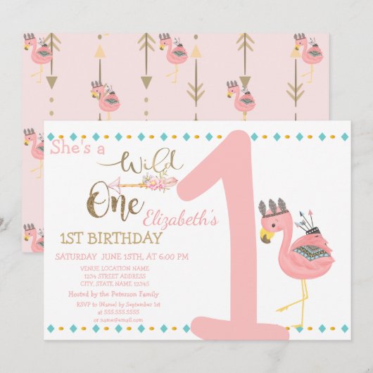 ワイルドワン、矢印、ピンクのフラミンゴ １歳の誕生日 招待状 (正面/裏面)