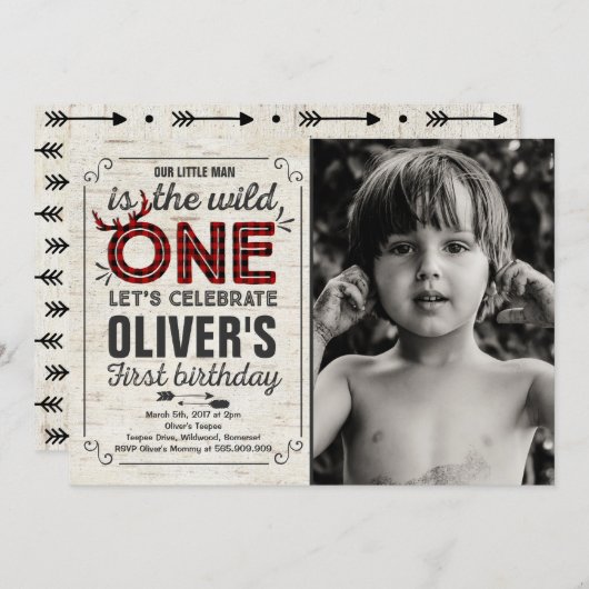 ワイルドワン 誕生日パーティー お知らせ 男の子 招待状 (正面/裏面)