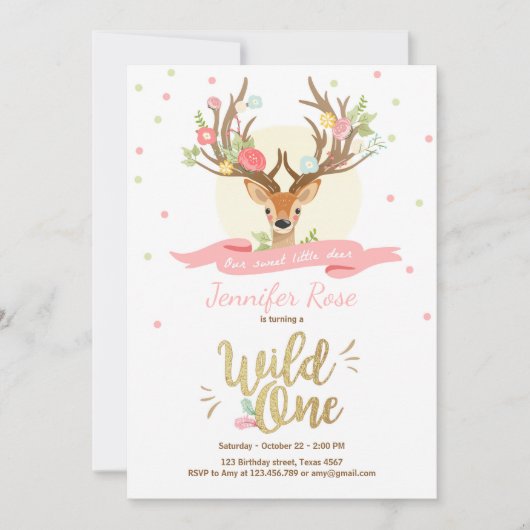 ワイルドワン 鹿の誕生日招待状 ウッドランド ゴールド ピンク 招待状 (正面)