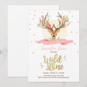 ワイルドワン 鹿の誕生日招待状 ウッドランド ゴールド ピンク 招待状 (正面/裏面)