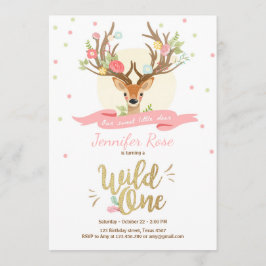 ワイルドワン 鹿の誕生日招待状 ウッドランド ゴールド ピンク 招待状