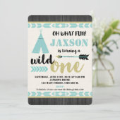 ワイルドワン 1歳の誕生日招待状 ティール ブラック 招待状 (スタンド正面)