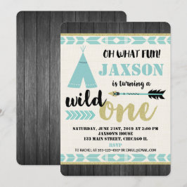 ワイルドワン 1歳の誕生日招待状 ティール ブラック 招待状