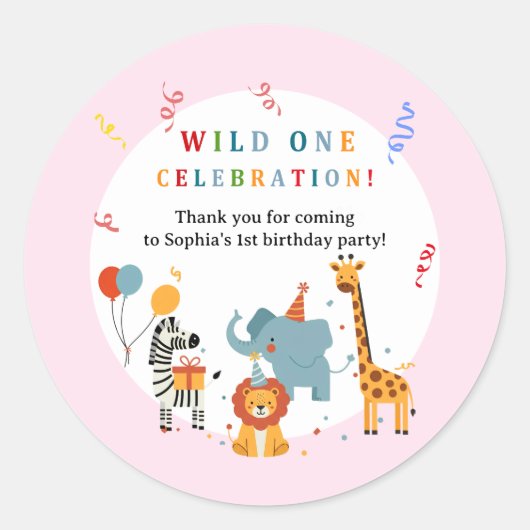 ワイルドワン 1歳の誕生日招待状 ラウンドシール (正面)