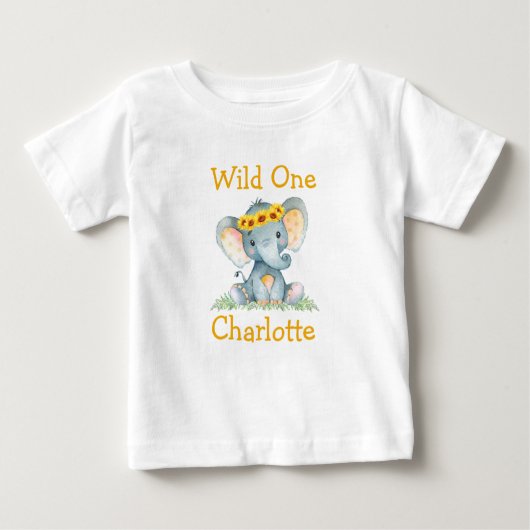 ワイルドワン 1歳の誕生日 象のひまわり ベビーTシャツ (正面)