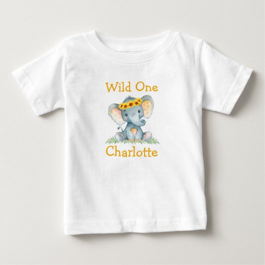 ワイルドワン 1歳誕生日 象のひまわり ベビーTシャツ (正面)
