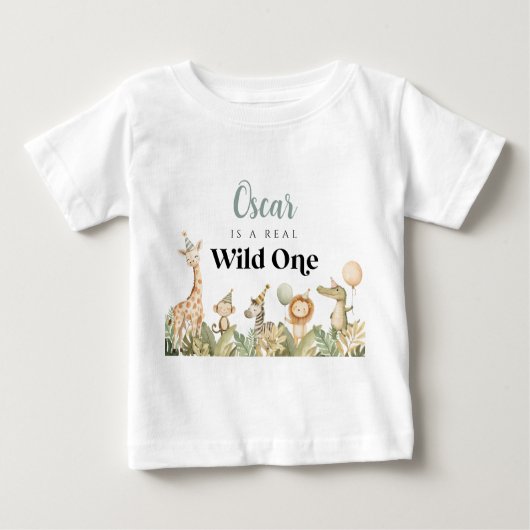 ワイルドワン 1歳誕生日Tシャツ サファリ動物 ボーイ ベビーTシャツ (正面)