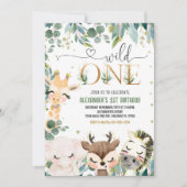 ワイルドワン 1歳 ゴールド ジャングルアニマルズ バースデー 招待状 (正面)