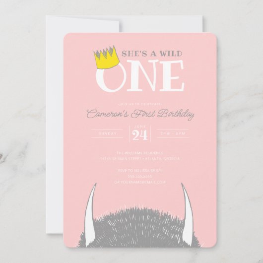 ワイルドワン – 1th Birthday Crown Pink 招待状 (正面)
