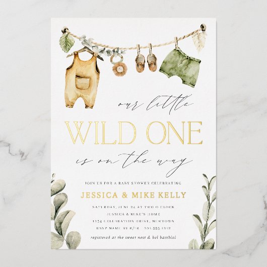 ワイルドワン Boho Safariのベビーシャワー|ニュートラル 箔招待状 (正面)