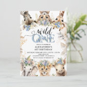 ワイルドワン | Safari Jungle Animals 1st Birthday Boy 招待状 (スタンド正面)