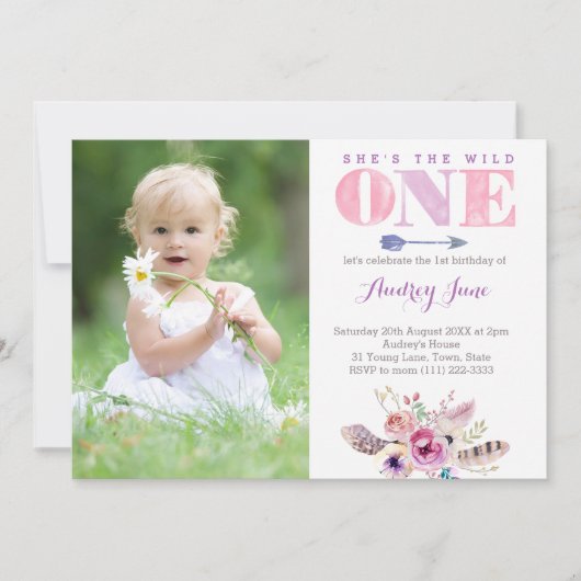 ワイルド招待状、大きい1歳、1歳の誕生日のフォトカード 招待状 (正面)