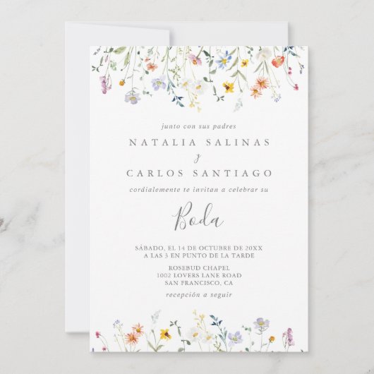 ワイルド数々のカラーフローラスペインのフロントバック結婚ズ 招待状 (正面)