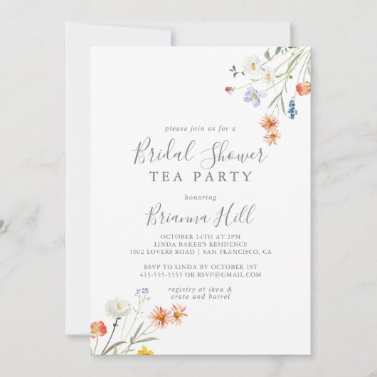 ワイルド数々のカラーフローラブライダルシャワーティーパーティー 招待状 (正面)